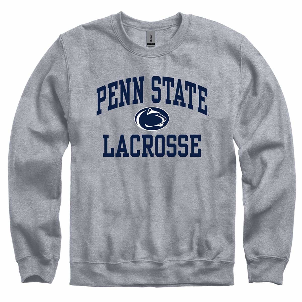 heather gray crew neck sweatshirt with Penn State Lacrosse